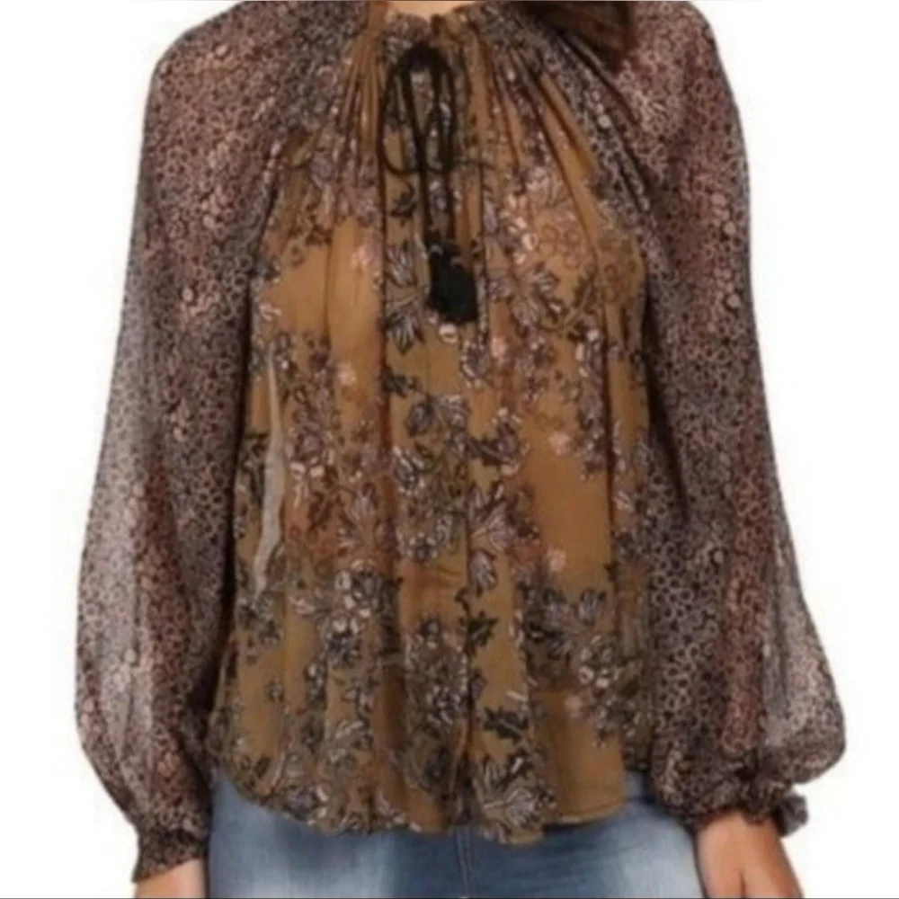 Free People Hendrix Brown Floral Boho Off-Shoulder Top